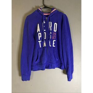 Aeropostale 87 Womens Hoodie Sweatshirt Blue Drawstring Pockets V Neck XL